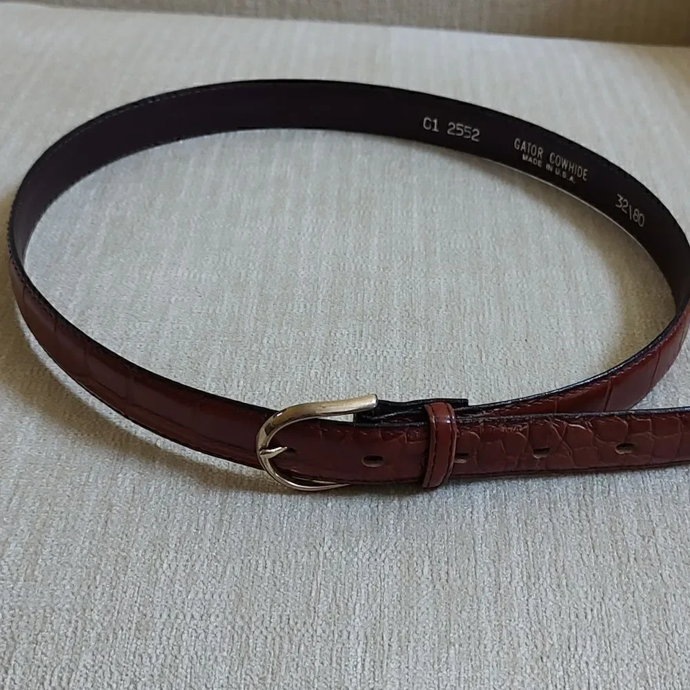 Gator Cowhide Brown Leather Belt Gold Buckle Size 32